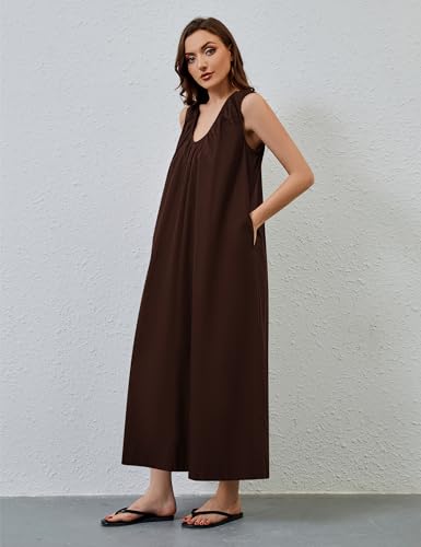 Image of OLAPTA Women Summer Sleeveless Maxi Dress Scoop Neck Ruched Loose Fit Casual Elegant Solid Vacation Long Dress with Pockets