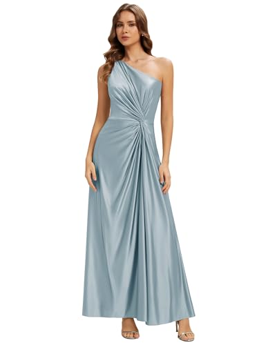 Ever-Pretty Robes de Demoiselle d'honneur Col Asymétrique sans Manche Satin Maxi Fendu Bleu Ciel 38