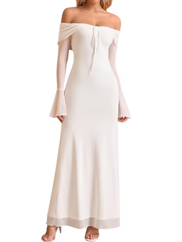 KUTUMAI Elegant Off Shoulder Long Sleeve Maxi Dress Bodycon Tie Formal Wedding Guest Dresses for Women 2025 Fall