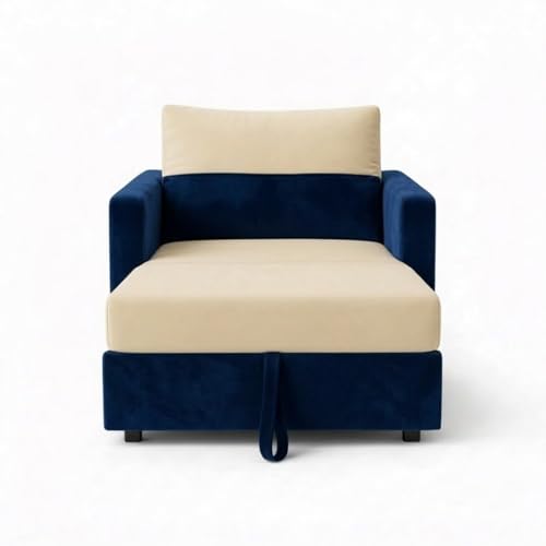 Image of SOCOZI Enrique 1 Seater Sofa Cum Bed | Soft Velvet Suede Fabric | Modern Convertible Design | Plush Comfort Seating for Living Room (Dark Blue-Cream)