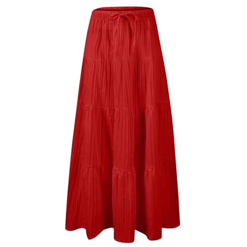 2025 Boho Long Skirts for Women Lightweight Elastic Waist Drawstring Flared Ruffle Pleated Flowy A Line Maxi Skirt4