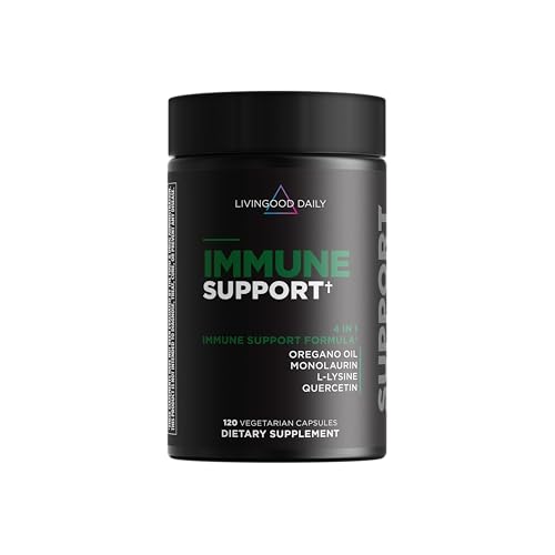 Livingood Daily Immune Support Supplement, 4-in-1 Formula with Oregano Oil, Monolaurin, L Lysine & Quercetin, Gut & Digestive Health, Gluten Free, Vegan, Non GMO, Allergen Free, 120 Capsules