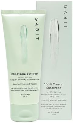 Gabit 100% Mineral Sunscreen SPF 50 PA++++ | Water & Sweat Resistant, UVA/B & Blue Light Protection | No White Cast | Vit E, Gooseberry, Winter Cherry | Normal, Oily, Dry Skin Types | Oil free |50ml