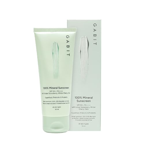 Image of Gabit 100% Mineral Sunscreen SPF 50 PA++++ | Water & Sweat Resistant, UVA /B & Blue Light Protection | No White Cast | Vit E, Gooseberry, Winter Cherry | Normal, Oily, Dry Skin Types | Oil free |50ml