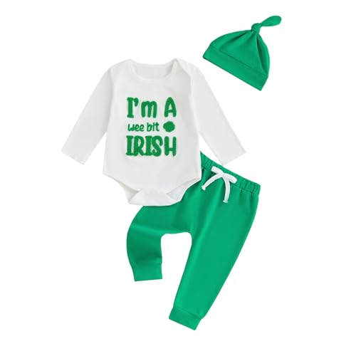 SAYOO Toddler Baby Boy St Patricks Day Outfit I Am a Irish Shamrock Embroidery Bodysuit Top Legging Hat 3Pcs Newborn Clothes (Green 3-6 Months)