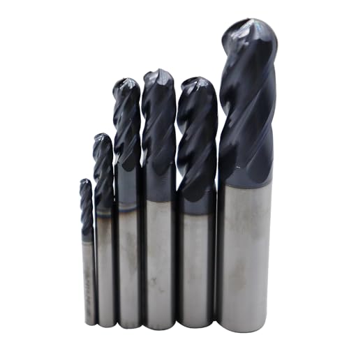Image of 6Pcs1 /8in,3 /16in,1 /4in, 5 /16in,3 /8in,1 /2in Solid Carbide Ball Nose End Mills Set,4 Flute,30 Degree Helix,AlTiN Coated CNC Router Bit for Medium Hardness Steel, Brass, Iron