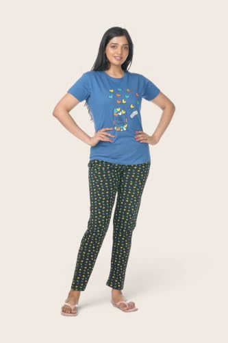 Image of Fly Birds Women Pure Cotton Tshirt and Pyjama AOP Set