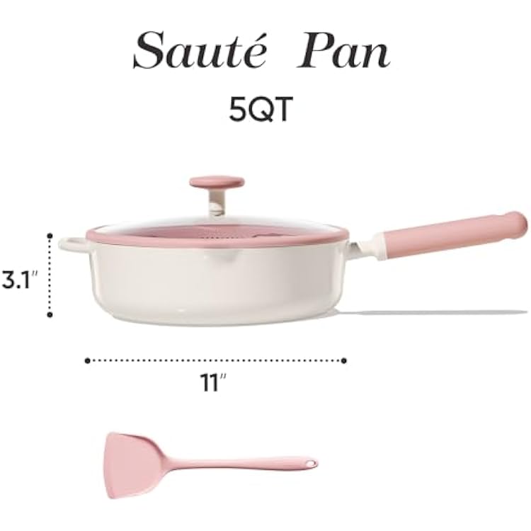 CAROTE 11 Inch Nonstick Deep Frying Pan with Lid, 5 Qt Chef Saute Pan with Pour Spout, Skillet Induction Cookware, Non Stick Cooking Pan Kitchen Pan, Healthy & PFOA/PFAS Free, Includes Spatula, Pink
