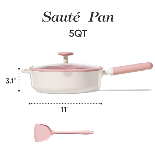 Image of CAROTE 11 Inch Nonstick Deep Frying Pan with Lid, 5 Qt Chef Saute Pan with Pour Spout, Skillet Induction Cookware, Non Stick Cooking Pan Kitchen Pan, Healthy & PFOA /PFAS Free, Includes Spatula, Pink
