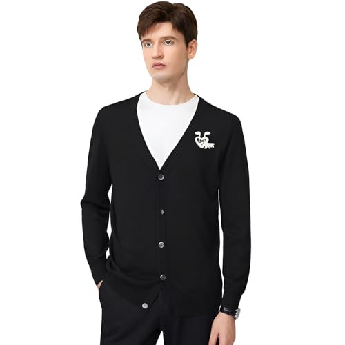Men Cardigan V-Neck Cartoon Cute Glasses Ant Embroidery Cotton with Button Solid Casual Fit Open Front Sweater