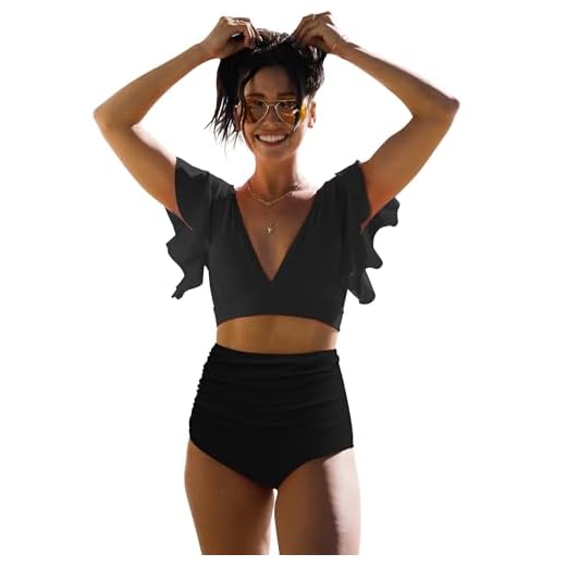 SPORLIKE Women Ruffle High Waist Swimsuit Two Pieces Push Up Black Bikini (Black,Large)
