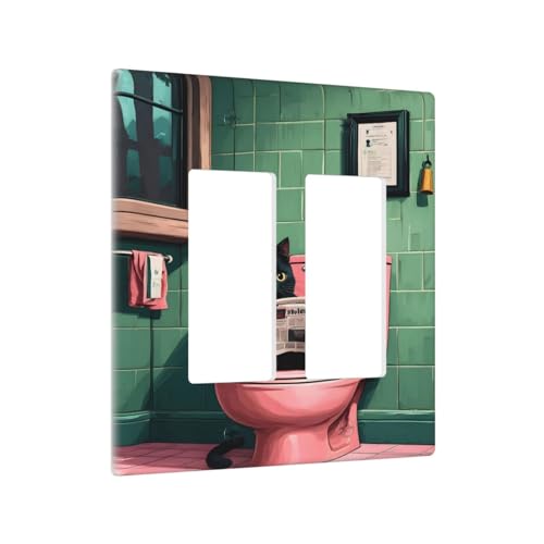 Decorative Outlet Covers Funny Black Cat Newspaper Pink Toilet 2 Gang Wall Plate Double Rocker Two Switch Wall Cover Plate Jumbo Dual Gfci Faceplate for Bedroom Decor