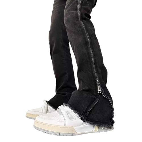 BXCNCKD Gothic Pants, high Street Ruffled Jeans, Men's American Black Slim fit, Retro Micro Flared Pants Y2K - Main Image