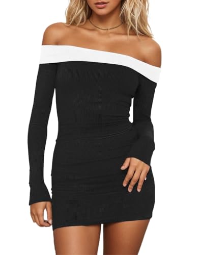 HYPERFIRE Women's Sexy Elegant Long Sleeve Dress Off The Shoulder Ribbed Dresses Party Going Out Black and White X-Small