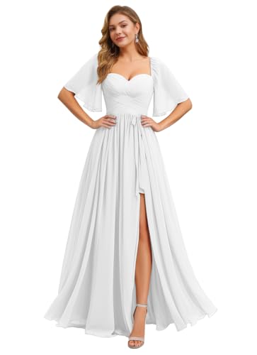 IIF Women's Chiffon Bridesmaid Dresses for Wedding Flutter Sleeves Ruched A Line Long Formal Dress with Slit IIF149