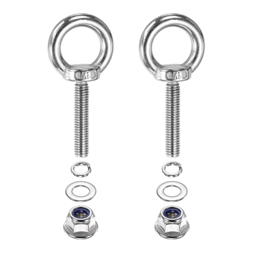 Image of PATIKIL M8 x 40mm Shoulder Eye Bolt, 2 Pcs 304 Stainless Steel Lifting Ring Threaded Eye Bolt with Flange Lock Nuts Spring and Flat Washers for Hanging Tie Down Straps Outdoor Indoor