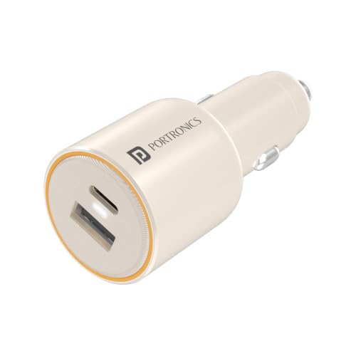 Image of Portronics Car Power 65 Pro 65W Dual Ports Fast Car Charger with 65W Type-C PD & 22.5W USB-A, Charge 2 Devices Simultaneously, Compact 12V Car Adapter Compatible with Laptop, Smartphone, Tablet