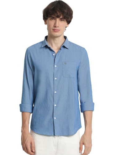 Image of The Bear House Men's Blue Solid Spread Collar Shirt with Brand Logo on Patch Pocket