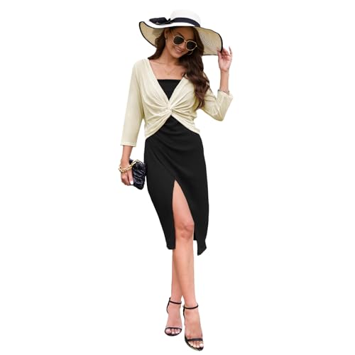 Image of Tanou Womens Cropped Shrug Cardigan Casual Lightweight Pullover Shrug Cardigan Tulle Twist Knot 3 /4 Sleeve Bolero Shrug Tops