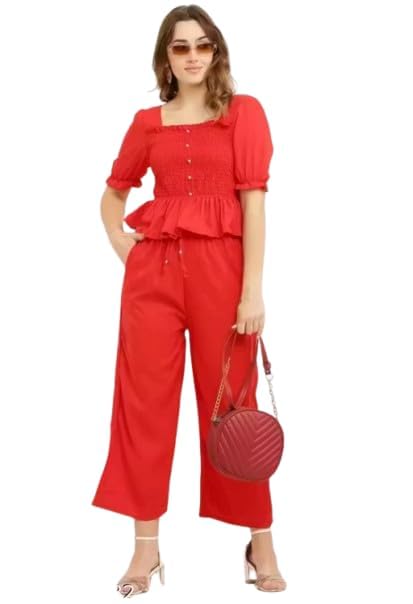 Women's Red Smocked Peplum Top with Wide-Leg Trousers Co-ord Set-image-36