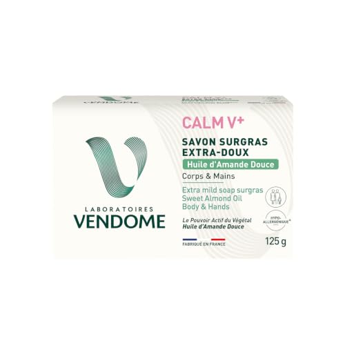 LABORATOIRES VENDÔME - CALM V+ - Savon Surgras Extra-Doux Amande Douce - Nettoie & Laisse la Peau Douce - Formule Hypoallergénique - Enrichi en Huile d'Olive - Tous Types de Peaux - 125g
