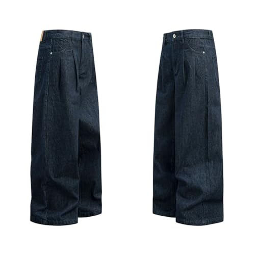 Men's American Style Wide Leg Jeans Loose Floor Silhouette Straight Denim Pants Solid Color Trousers4