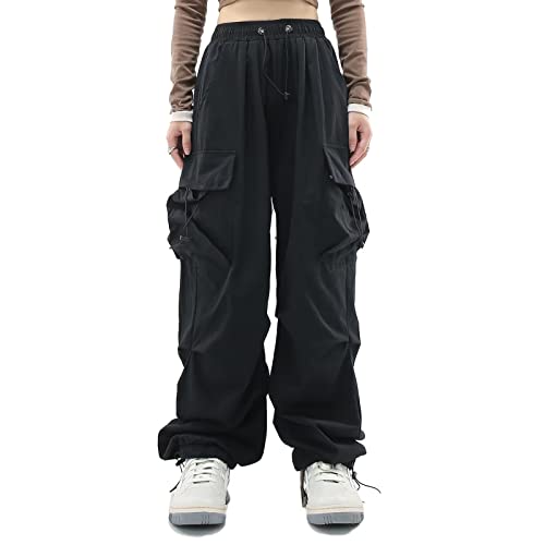Women's Work Trousers Elastic Waist Pull On Drawstring Casual Walking Cargo Trousers Y2K Streetwear Ladies Fashion Joggers Trousers Multi Pockets