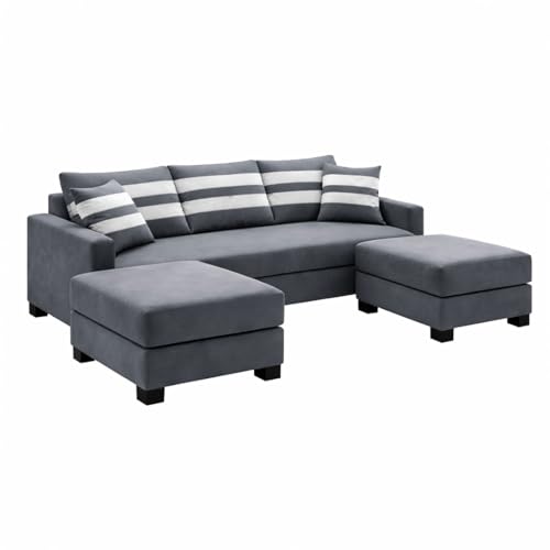 Image of Kassian 5 Seater L Shape Sofa Set with 2 Movable Ottomans | Flexible Layout | Rich Velvet Suede Fabric | Silver Legs | Modern Sofa for Living Room (Dark Grey)