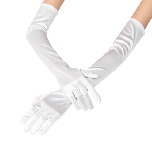 HLMYER White Satin Long Gloves - Stretchy Opera Style for Womens Evening Bridal Party Wedding Prom 1920s Dance