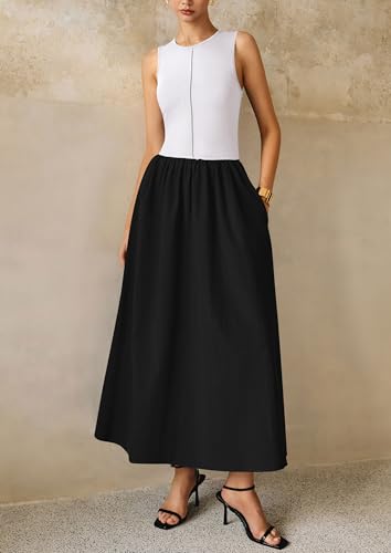 Image of PRETTYGARDEN Maxi Dresses for Women 2026 Summer Casual Sleeveless Patchwork Flowy Vacation Sundress Knit Long Work Tank Dress