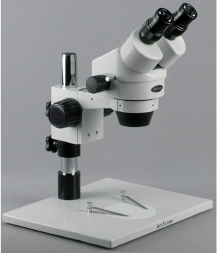Image of AmScope SM-1BX Professional Binocular Stereo Zoom Microscope, WH10x Eyepieces, 3.5X-45X Magnification, 0.7X-4.5X Zoom Objective, Ambient Lighting, Large Table Pillar Stand, Includes 0.5x Barlow Lens