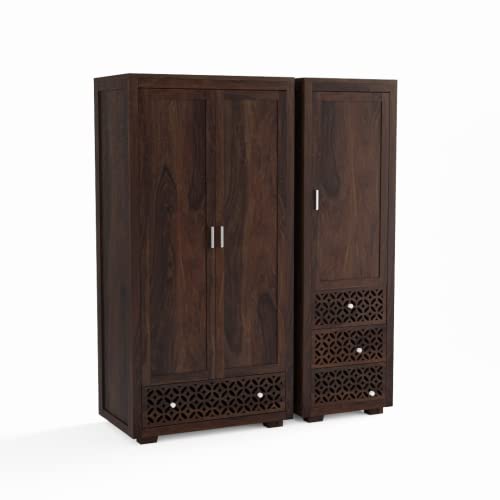 Image of Wooden 3 Door Wardrobe for Bedroom, Almirah with 4 Drawers & Multiple Shelves Storage, Solid Sheesham Wood, Walnut Finish