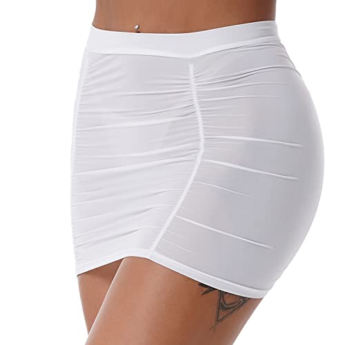 Vxuxlje Women's See Through Stretchy Shirring Miniskirt Ruched Bodycon Skinny Pencil Skirt3