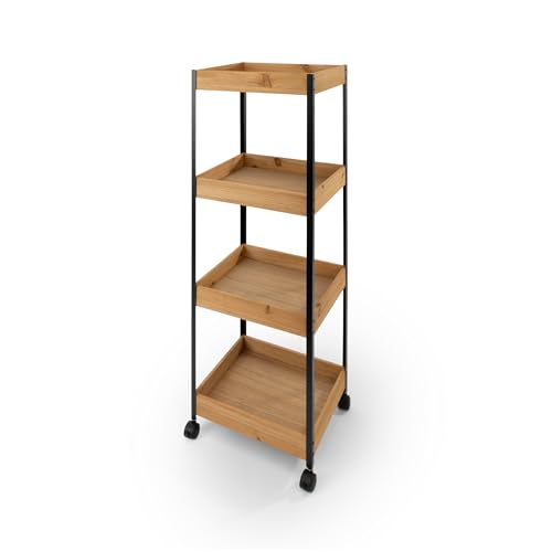 LIN HOME XZ-22229 Carrito de Almacenamiento de Madera y Metal Multiuso 35x25x95cm con 4 Estantes - Mueble Auxiliar para Almacenaje Ideal para Baño, Cocina, Salón