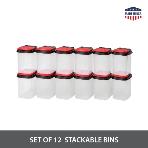 Image of Buddeez Bits and Bolts Storage Containers - Stackable Clear 1 Quart Organizers for Tools and Parts - 12 Pack Red Lid