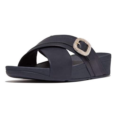 Image of FitFlop Women's Lulu Crystal-Buckle Leather Cross Slide Sandal