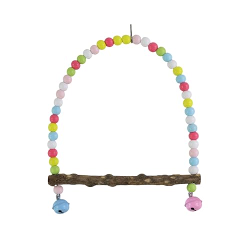 Image of Wooden Bird Swing, 9 Inches Hanging Bird Cage Perches with Playing Bell, Natural Bird Chew Toys Boredom Breaker Bird Toys for Parakeets, Budgie, Cockatiel (Macaron Colors, L)