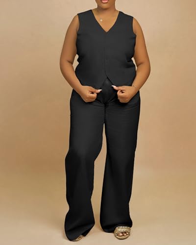 Women's Plus Size Pant Suits 2 Piece Outfits Button Vest Blazer Pockets Wide Leg Pants Sets Casual Pantsuits3