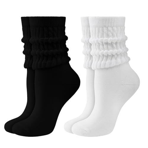 Mid-Calf Slouch Socks Women - Retro Scrunch Socks - Soft Solid Calf Socks Size 5-11