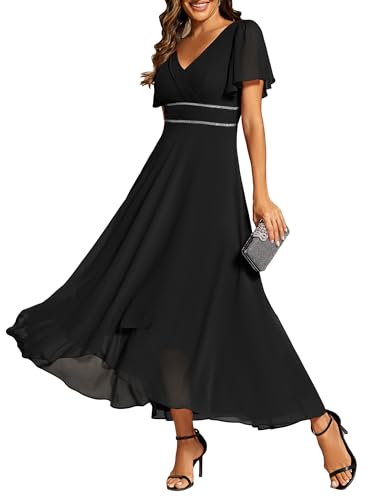 Ever-Pretty Women's Formal Dress V Neck Ruffles Sleeves Empire Waist A Line Pleated Chiffon Evening Dresses Black US6