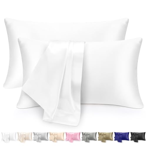Satin Pillowcase for Hair and Skin - Similar to Silk Pillowcase 2 Pack Pillow Cases with Envelope Closure Gifts for Women Queen & Standard Size 51 x 76 cm (White)