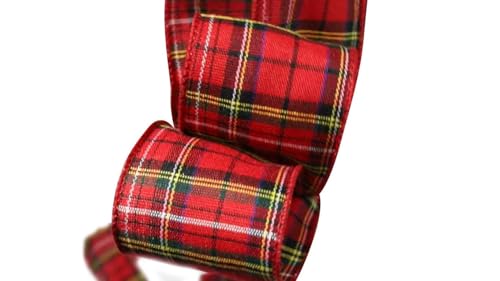 Image of Holiday Wired Christmas Tree Ribbon - 2 1 /2 inch x 10 Yards, Red & Yellow Plaid, Wreath, Tree Decoration, Gift Wrapping, Presents, Bow, Garland, Holiday, Tartan