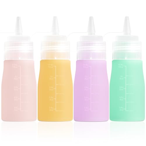Mrsdry Condiment Squeeze Bottles, 12 oz Silicone Squeeze Bottles For Sauces, Leak Proof Condiment Container with Extra Interchangeable lid, Easy Squeeze for Oil, Honey & Dressings, BPA FREE (4 Pack)