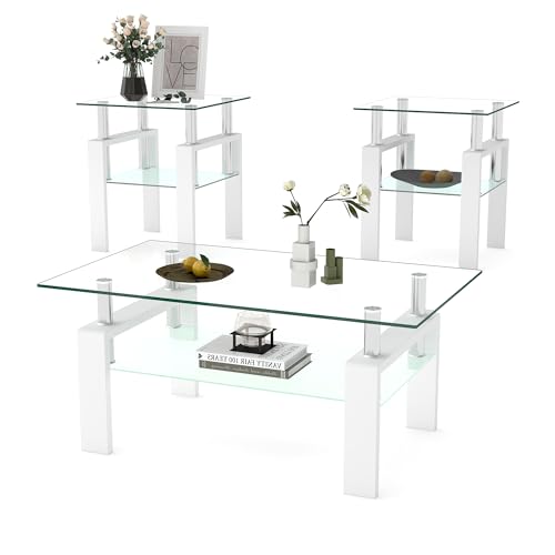 IANIYA 3 Piece Living Room Table Set, Modern Tempered Glass Coffee Table Set, Glass Coffee Table...