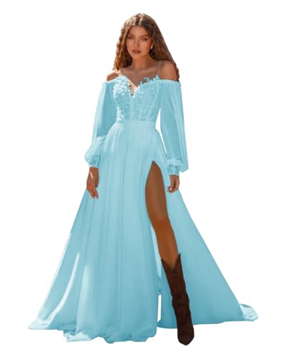 Xsqmbwb Light Blue Wedding Dress for Bride Winter Off Shoulder Long Sleeve Applique Corset Chiffon Bridal Gown with Slit US14