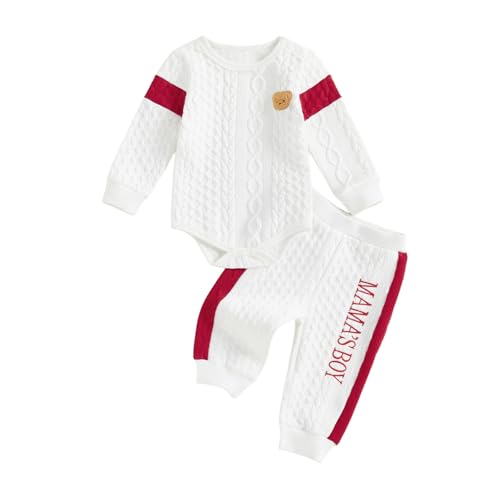 Image of Babieshouse Newborn Baby Boy Clothes Mamas Boy Bear Embroidery Long Sleeve Romper Pants Set Fall Winter Outfits 3-18 Months