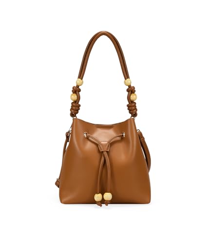 BOSANOVA Bolso Cubo para Mujer con Grabado Interior, asa de Hombro con esferas de Madera y asa de Cruzar extraíbles. Cierre con Fruncido e imán. Tostado U