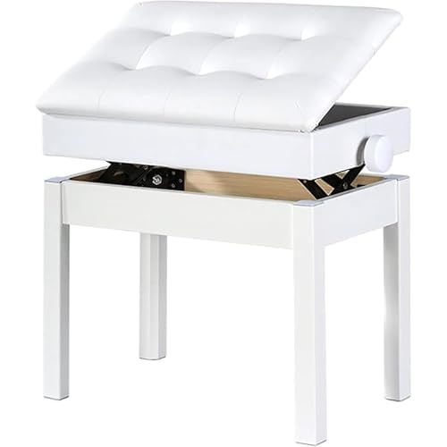 収納付きピアノ椅子、本棚高さ調整付き厚みのあるダブル電子ピアノ楽器スツール、高弾性ポリウレタンの安定したバッファー、疲れにくい、無段階高さハンドル調整高さ47-58cm(シート収納を含む) (ホワイト)