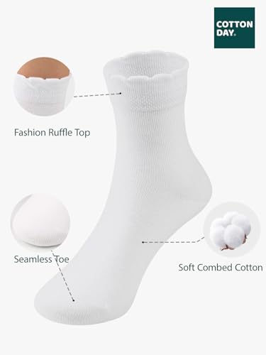 COTTON DAY Girls White Dressy Textured Short Socks Scallop Top Design 5 Pack2