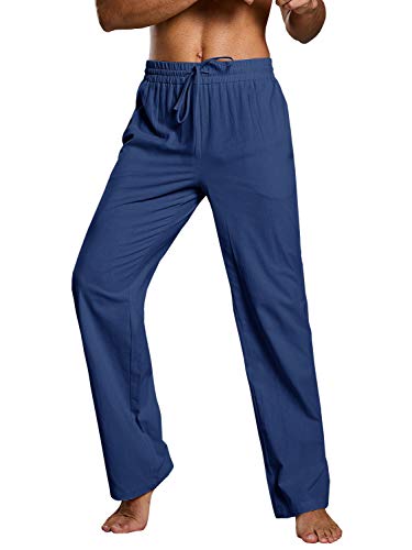 Image of PASLTER Mens Cotton Linen Pants Casual Summer Beach Pants Dress Trousers | Loose Fit, Elastic Drawstring Waist, Lightweight, Straight-Legs, Slacks, Yoga, Work, Vacation, Quick Dry
